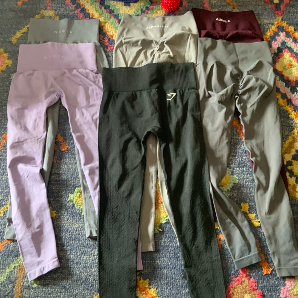 Gymshark and various brands Leggings in Black, Gray, and Purple as shown